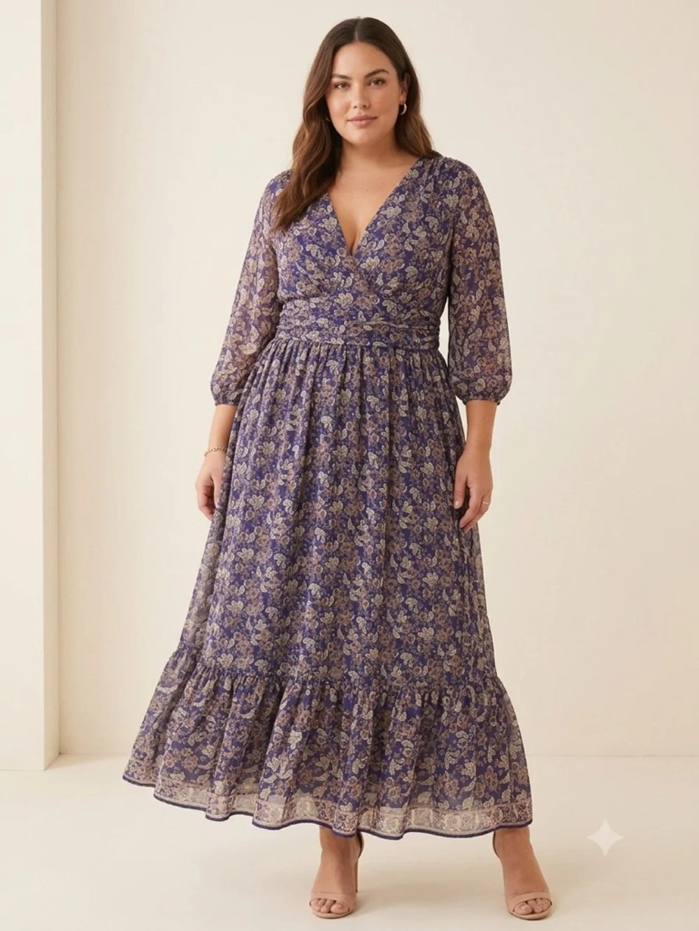 max studio blue floral dress Max Studio Women's Blue Floral Tiered Smocked V-Neck Maxi Dress Sz XL